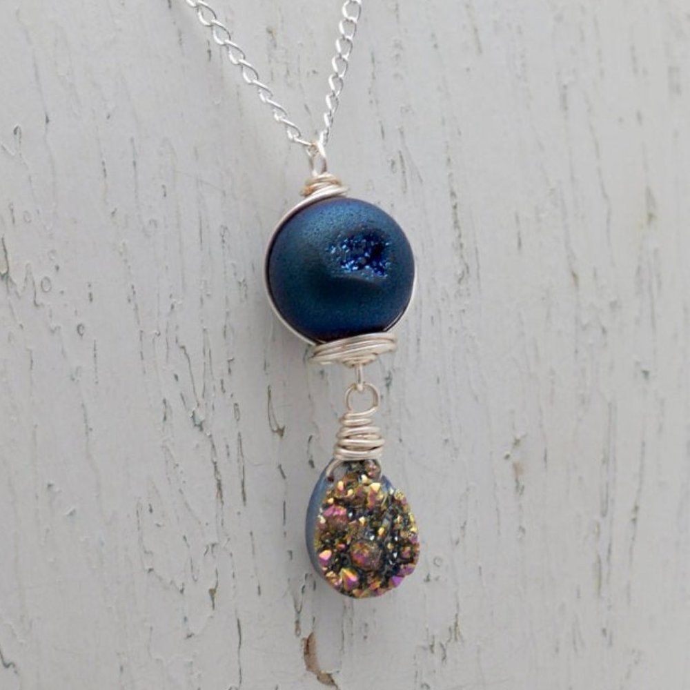 Agate Druzy Geode and Druzy teardrop Necklace
